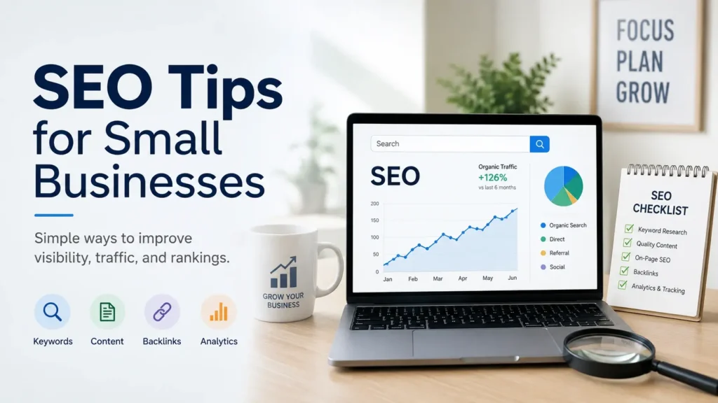 Blog cover image about SEO tips for small businesses with a laptop showing SEO analytics, checklist, and growth icons.