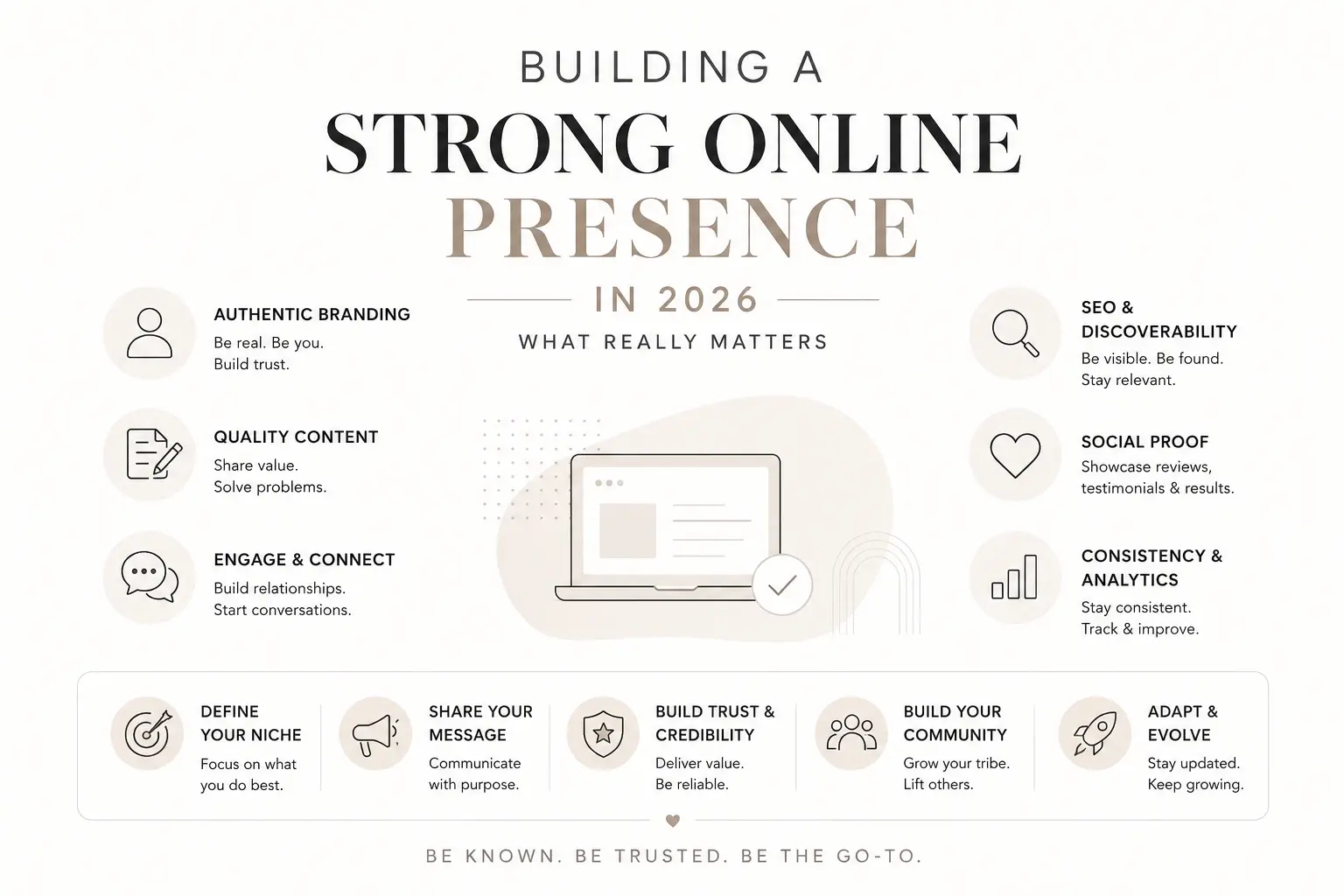 Minimalist infographic highlighting the key elements of building a strong online presence in 2026, including authentic branding, quality content, SEO, social proof, audience engagement, and consistency.