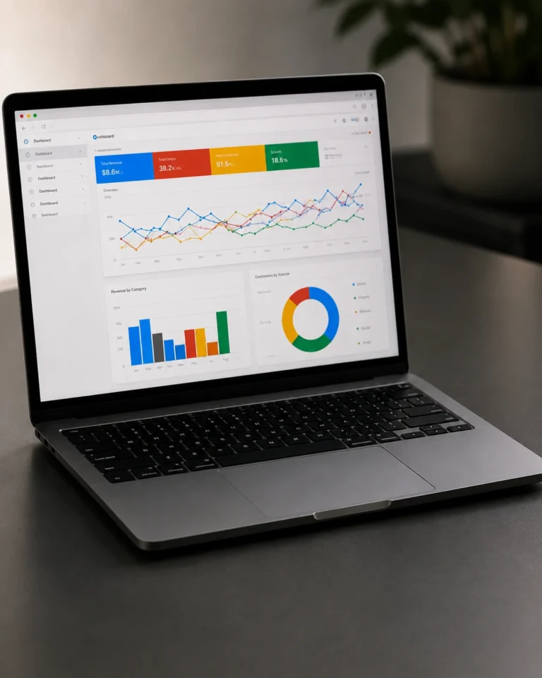 Google Ads and PPC campaign analytics dashboard displayed on a laptop