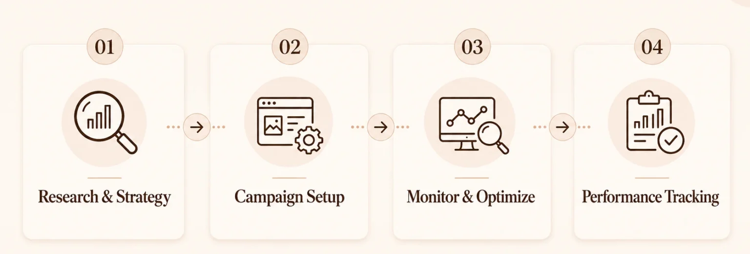 Campaign management process flow showing four steps: Research & Strategy, Campaign Setup, Monitor & Optimize, and Performance Tracking.