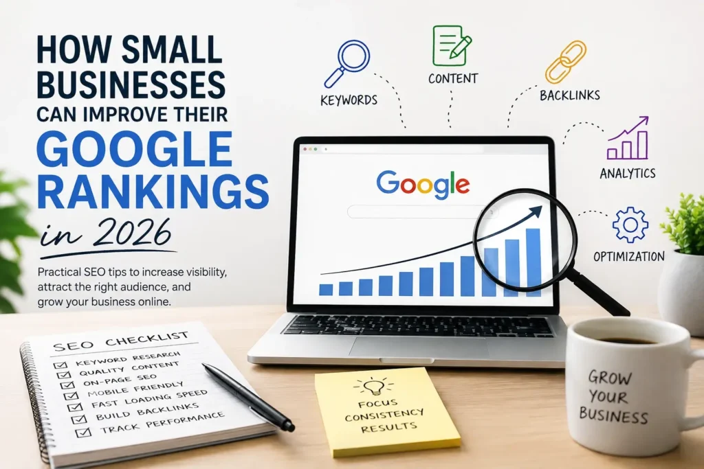 Small business SEO strategy for improving Google rankings with keywords, content, backlinks and analytics.